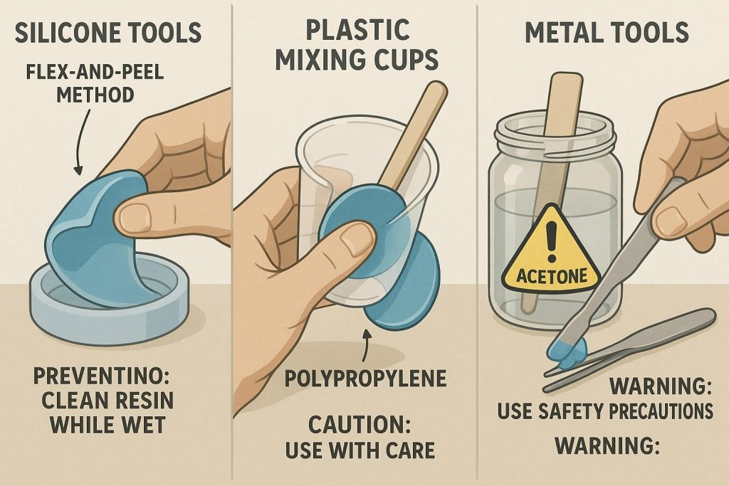 Educational image clearly demonstrating strategies for removing cured resin from silicone, plastic, and metal tools through peeling, flexing, and solvent soaking.