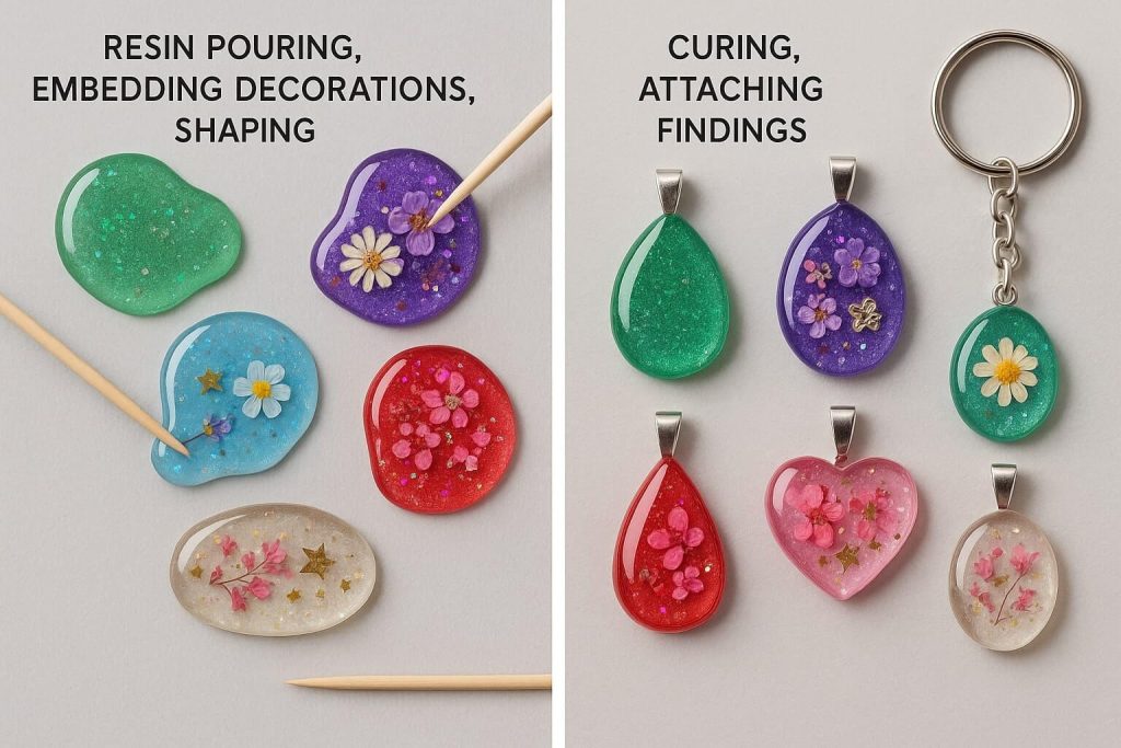 Artistic photo clearly illustrating creative process and final results of unique freeform resin jewelry pieces.
