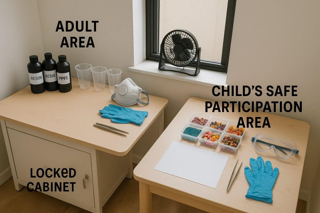 Clearly labeled photograph illustrating a safe and organized resin crafting station with separate adult-only area and adjacent kid-friendly area for safe participation.