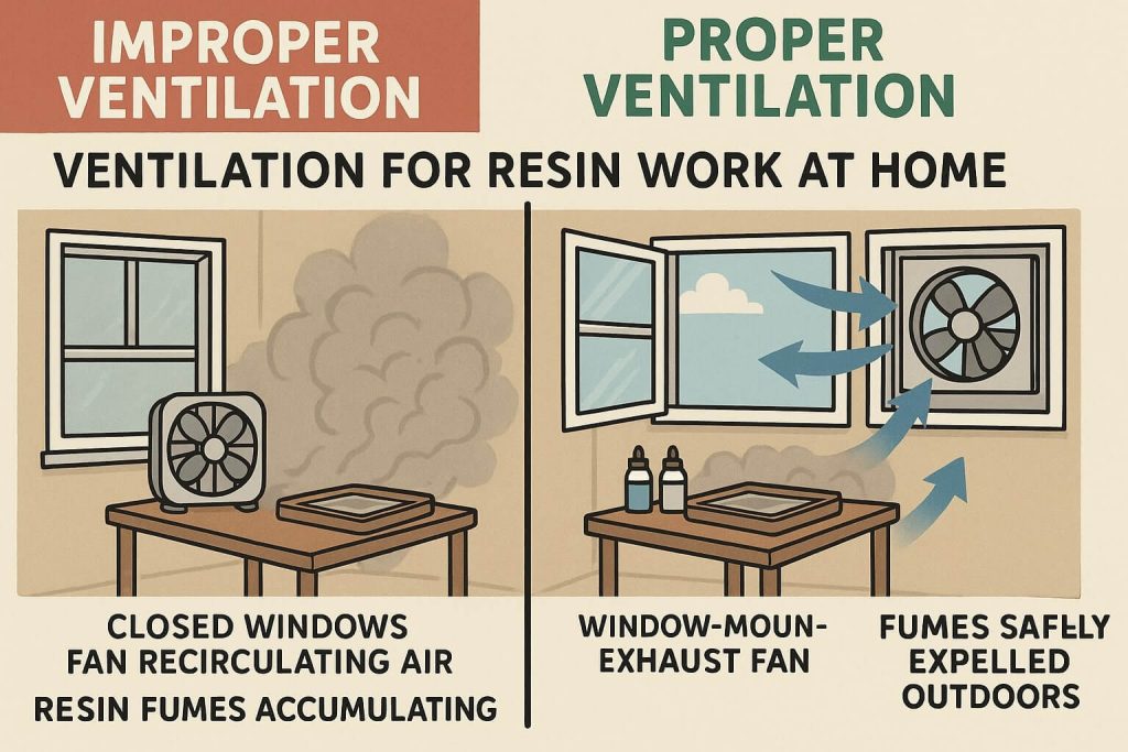 Visual comparison clearly illustrating correct vs. incorrect home ventilation setups for safe resin crafting.