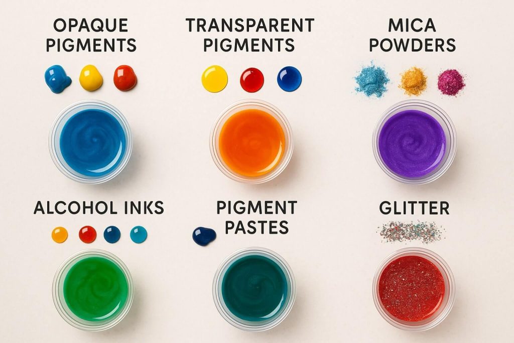 Vibrant overhead image illustrating diverse resin colorants clearly labeled: opaque and transparent pigments, mica powders, alcohol inks, pigment pastes, and glitter.