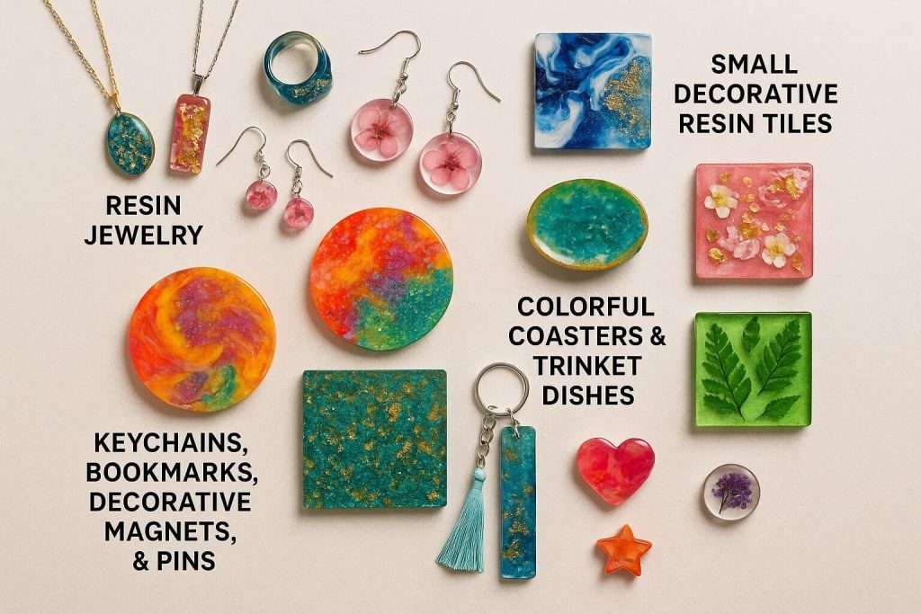 Beautifully styled collection of small, vibrant resin projects perfect for compact spaces including jewelry, coasters, keychains, bookmarks, decorative magnets, and mini resin tiles displayed creatively.