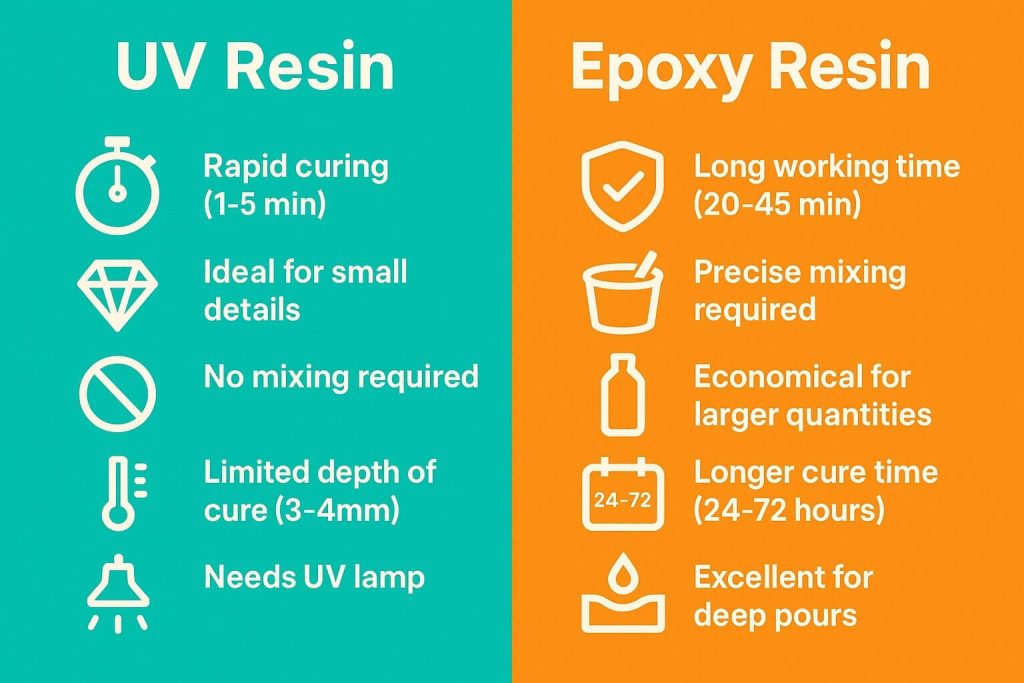 Easy-to-read infographic comparing UV resin vs epoxy resin, clearly summarizing curing times, ideal project sizes, mixing requirements, and pros and cons.