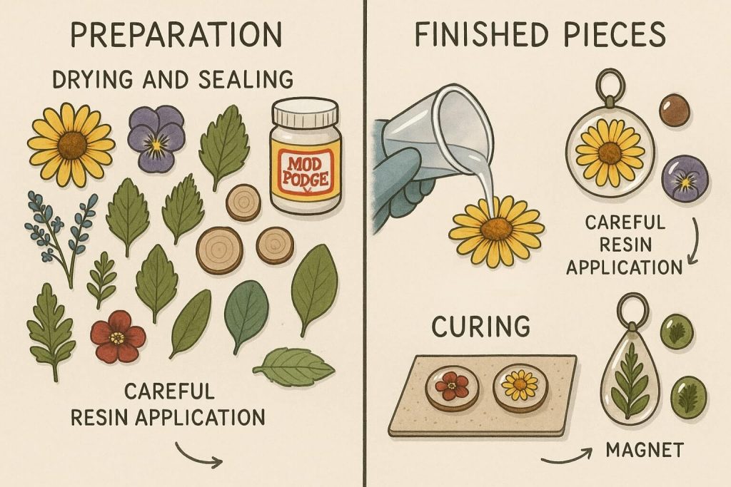 Elegant and informative photo demonstrating steps and final results of preserving natural elements like flowers and leaves in resin.