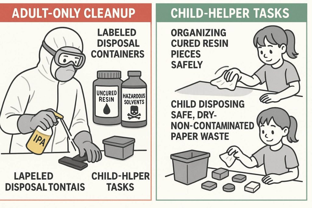 Practical photo clearly demonstrating adult-only tasks for resin cleanup and safe child-friendly helper activities, emphasizing safety in cleanup responsibilities.