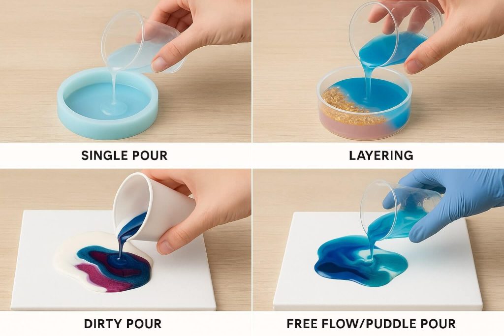 Clear illustrative photos demonstrating fundamental resin pouring methods: single pour, layering, dirty pour, and free-flow puddle pour techniques in molds and surfaces.