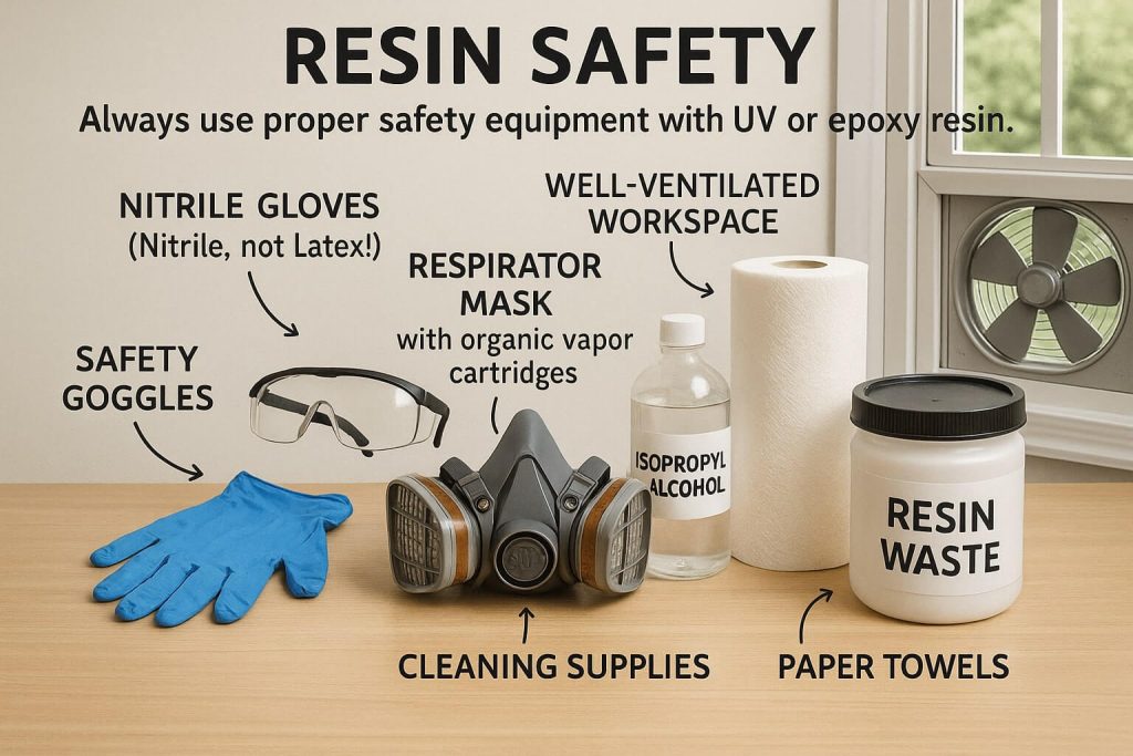 Clear and organized educational image showing essential safety equipment for UV and epoxy resin crafting, including gloves, goggles, respirator, and cleaning supplies.