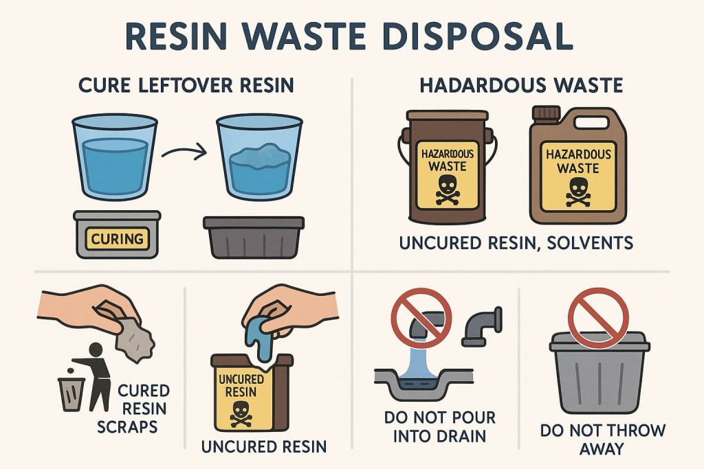 Educational infographic depicting correct disposal methods for resin waste, including hazardous and cured resin materials.