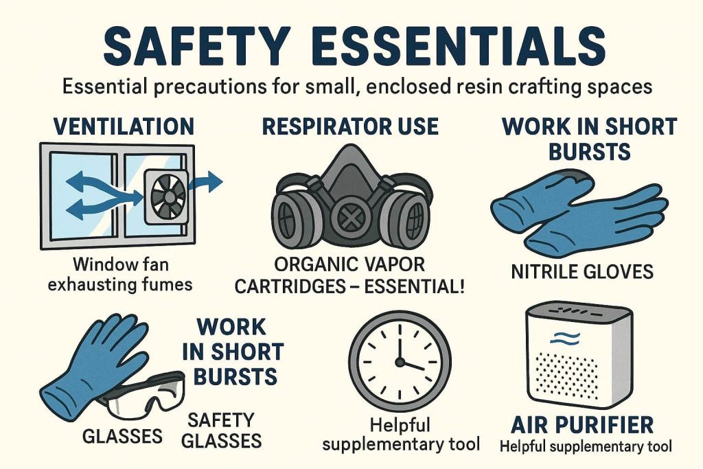 Clear infographic highlighting essential resin safety measures for confined spaces, including proper ventilation, PPE usage, compact respirator, nitrile gloves, and safe crafting practices.
