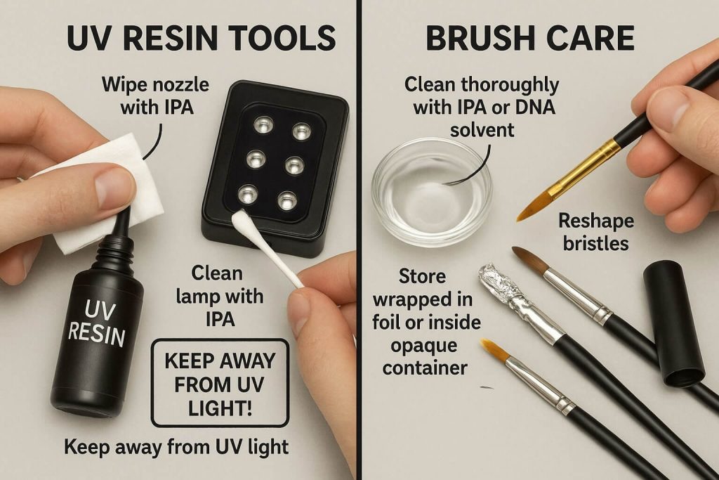 Clear instructional photo illustrating specialized cleaning methods for UV resin tools and proper brush care to maintain quality and prevent accidental curing.