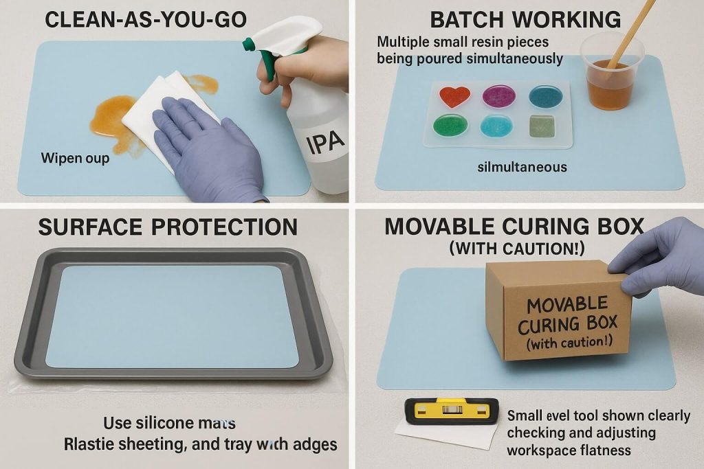 Practical illustrated guide showing efficient resin crafting techniques in tight spaces, including immediate cleanup, batch working, surface protection, movable curing box, and leveling workspace accurately.