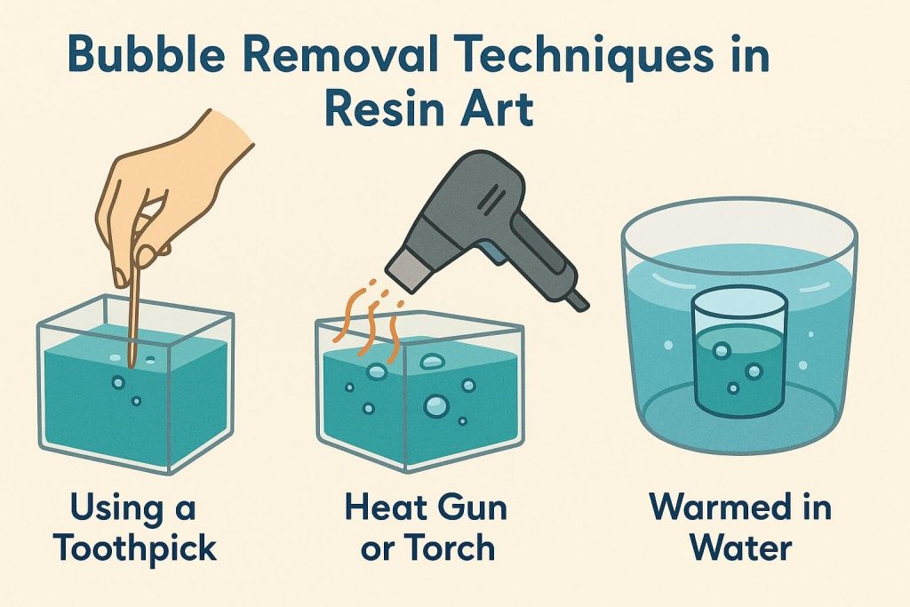 Educational image demonstrating effective resin bubble elimination techniques using toothpicks, heat gun or torch at safe distance, and pre-warming resin bottles.