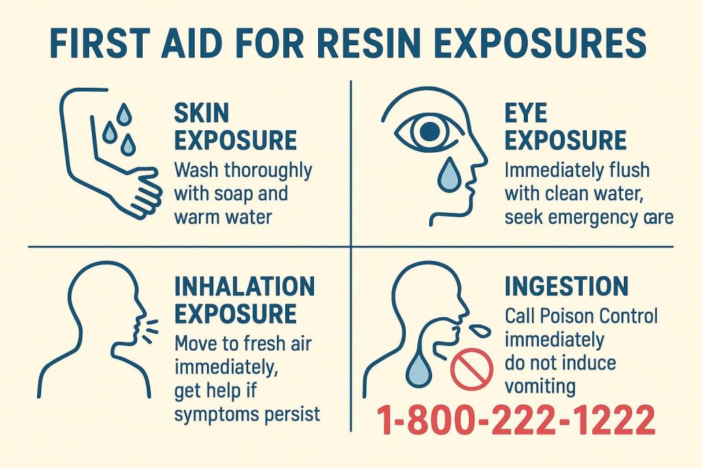 Clear infographic outlining essential first-aid steps for resin skin, eye, inhalation, and ingestion exposures.