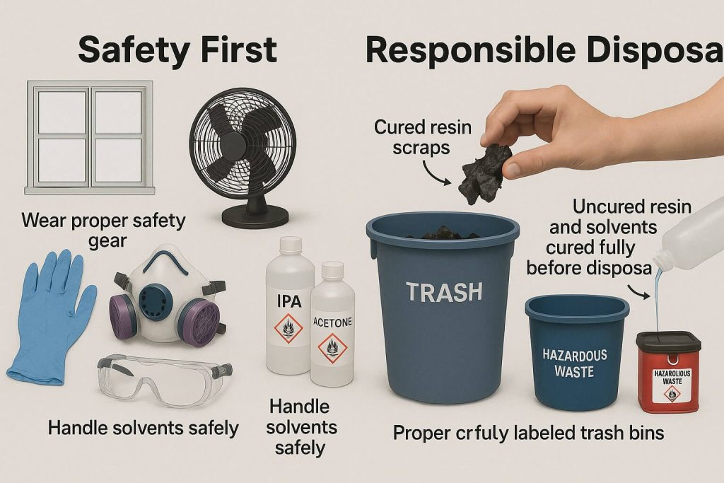 Educational photograph clearly illustrating essential resin safety equipment and responsible waste disposal methods, including PPE usage, ventilation, and proper waste handling.