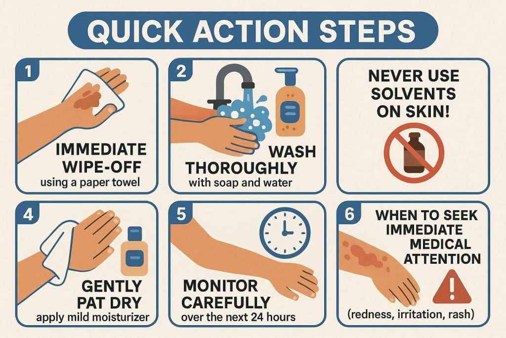 Clear step-by-step infographic illustrating immediate, safe procedures to follow if uncured resin contacts a child's skin, including washing instructions and clear safety warnings.