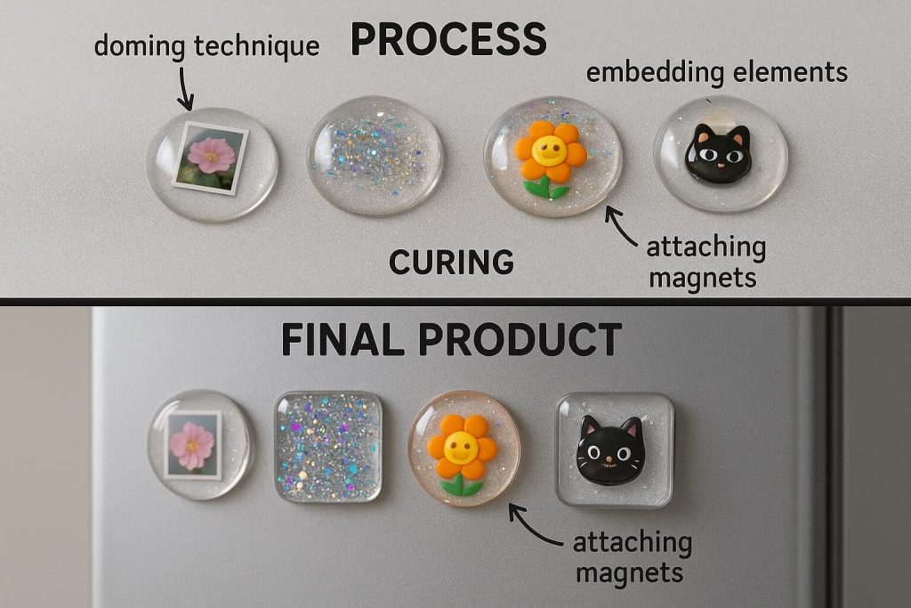 Playful, clear instructional image showing the step-by-step creation and charming final results of DIY personalized resin magnets.