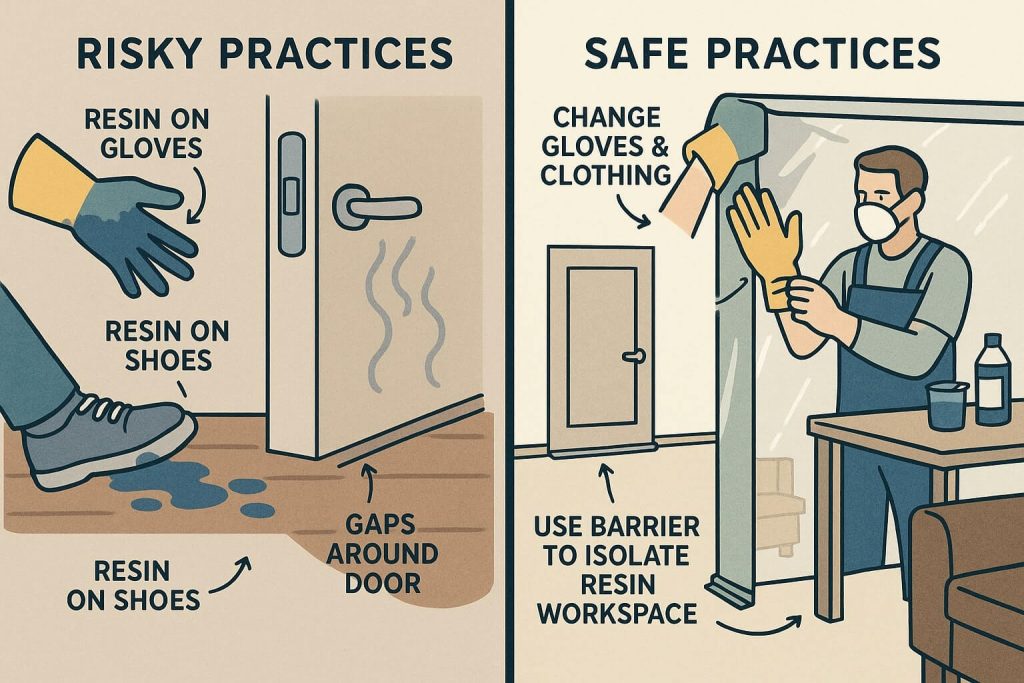 Illustrative photo clearly demonstrating safe practices to prevent resin contamination in shared home areas.