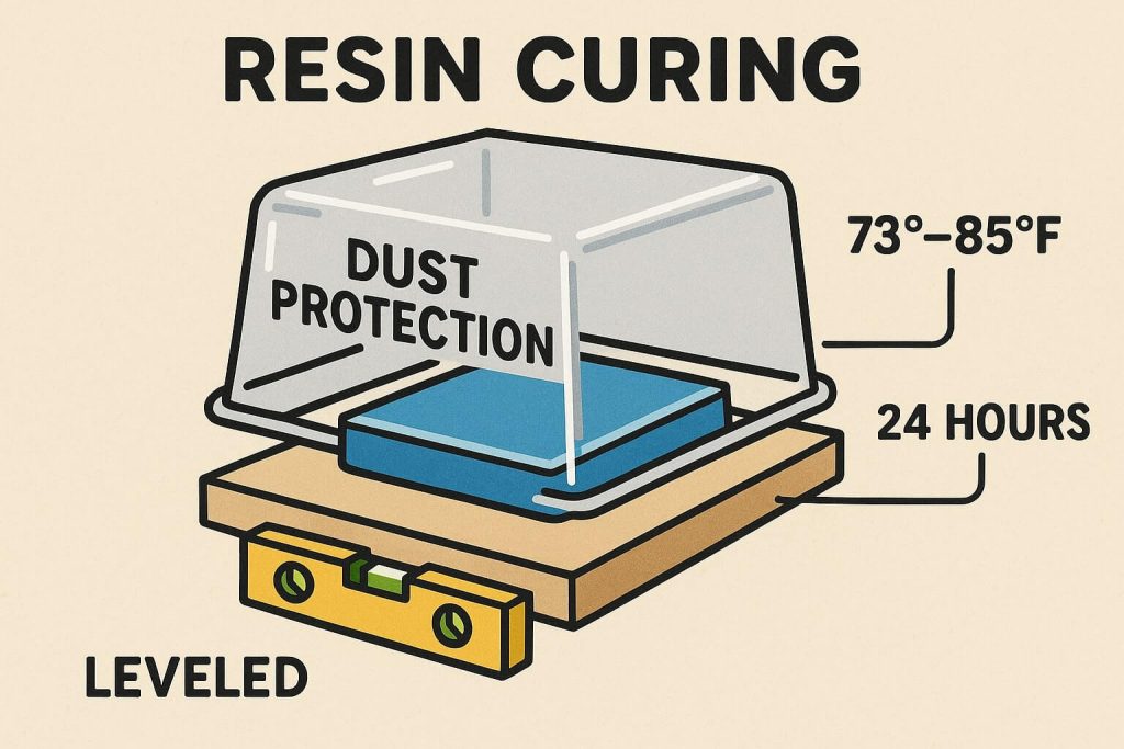 Informative image highlighting proper resin curing practices: leveled resin project curing under protective dust cover, emphasizing recommended temperature and curing duration.