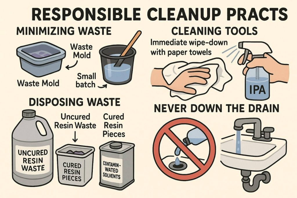 Educational illustration depicting responsible resin waste management in small spaces, highlighting minimizing waste, cleaning tools, proper disposal methods, and clearly prohibiting disposal down drains.