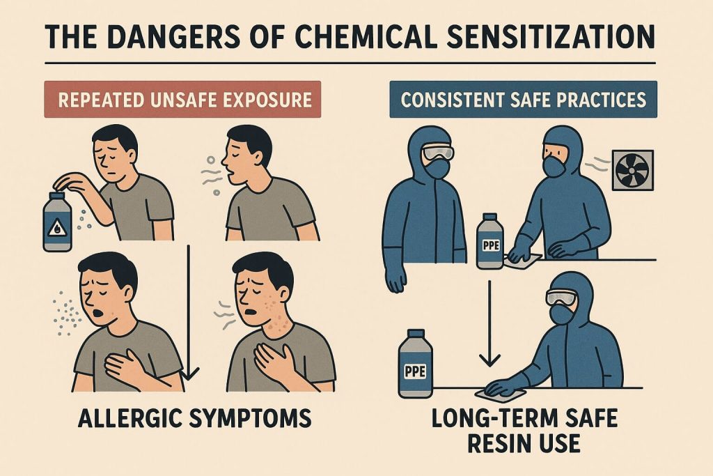 Visual infographic demonstrating prevention of chemical sensitization through consistent use of proper resin safety measures.