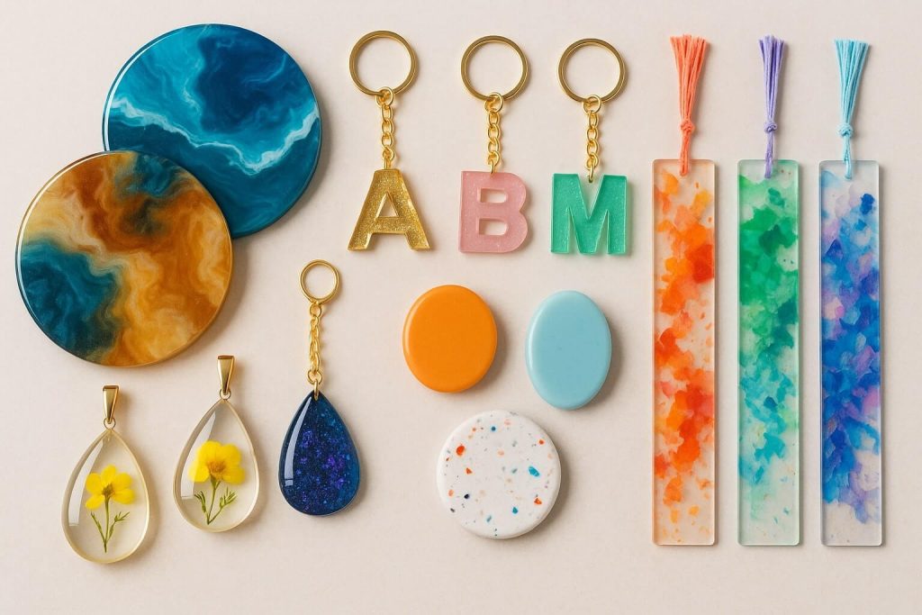 Attractive styled photo showcasing beginner-friendly resin projects: glossy coasters, personalized keychains, simple pendants, magnets, bookmarks, perfect for resin art beginners.