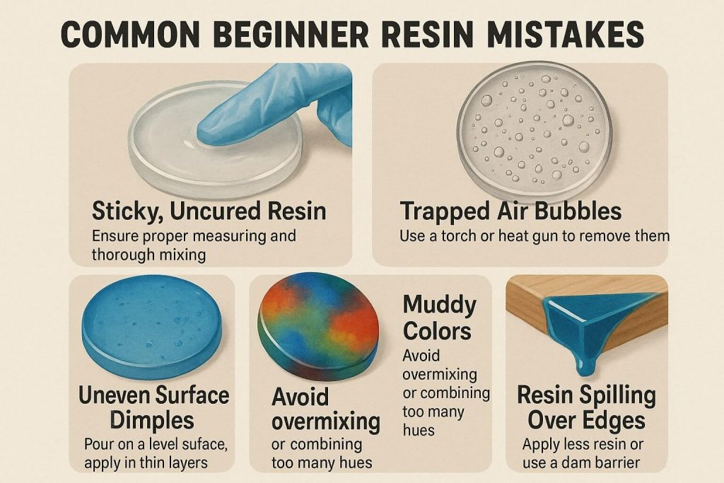 Instructive illustration clearly showing common resin issues (sticky resin, trapped bubbles, dimples, muddy colors, overflow) with brief practical solutions for beginners.