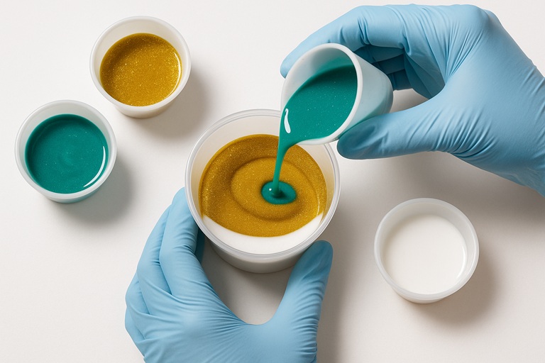 Demonstration of the dirty pour resin technique with multiple colors layered in a cup before pouring.