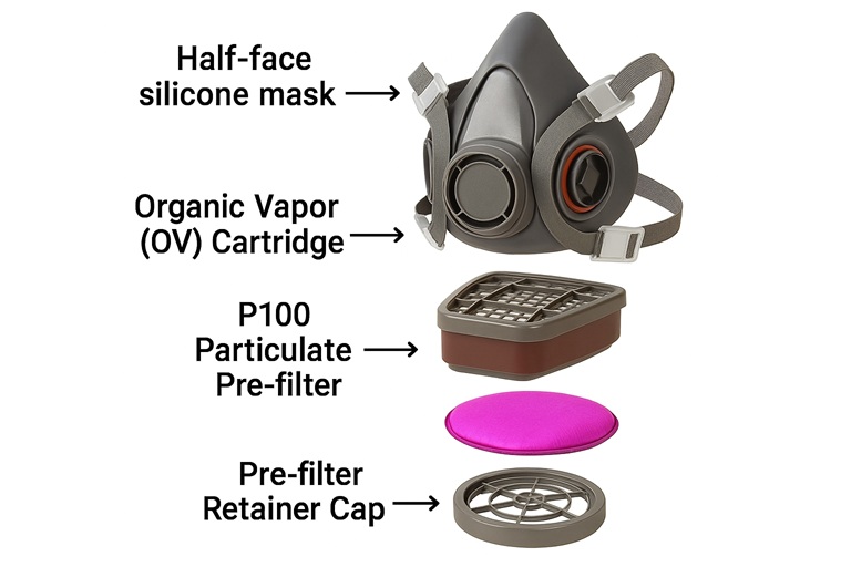 Diagram showing the assembly of a half-face respirator with OV cartridge and P100 pre-filter for resin safety.