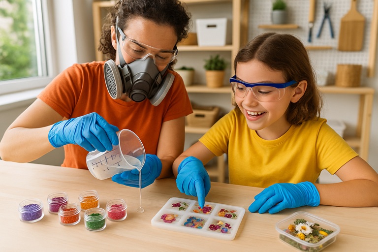 Parent and child safely enjoying a resin art project together, both wearing proper PPE.