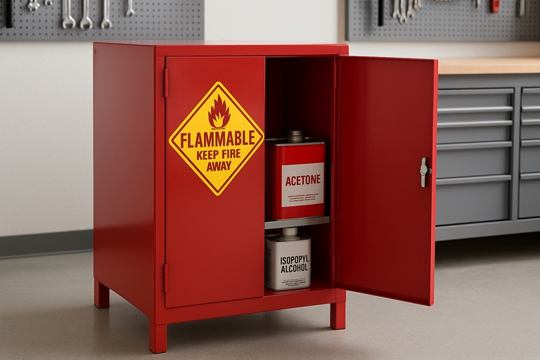 Proper storage of flammable solvents like isopropyl alcohol in a labeled safety cabinet.