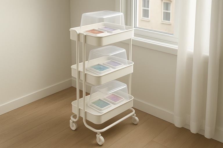 Space-saving vertical curing station for resin art projects in a small apartment.